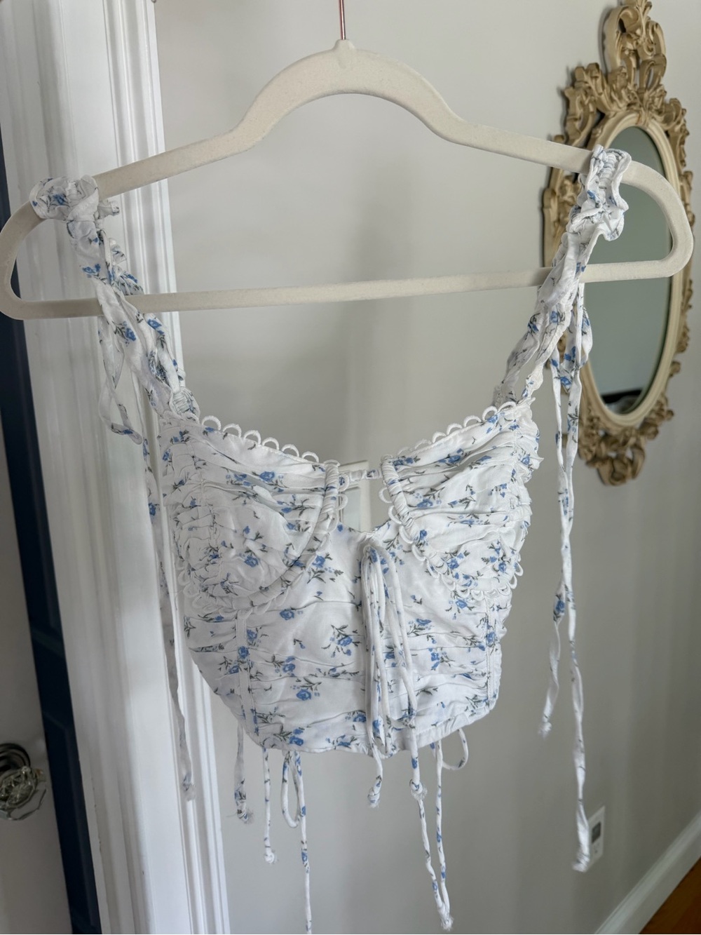 White Blue Floral Tie-Front Crop Top with Adjustable Shoulder Ties